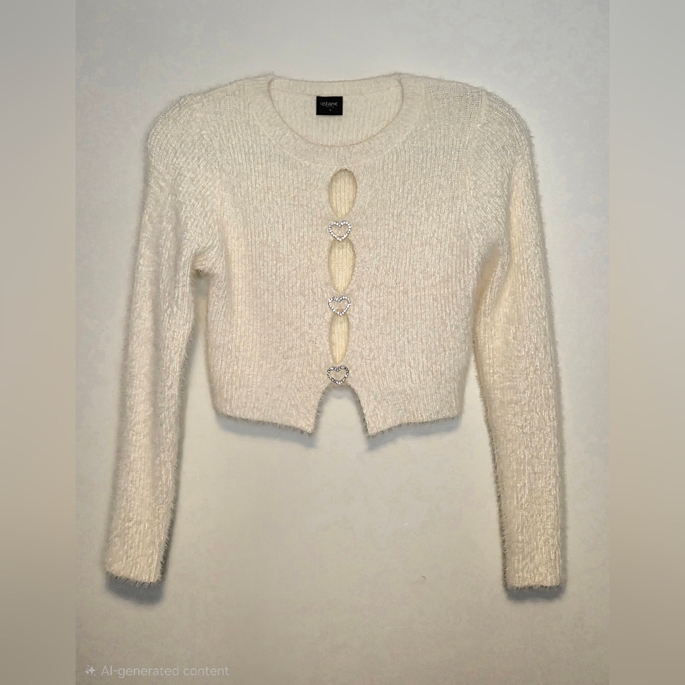 Cozy Cream Fuzzy Cropped Cardigan with Rhinestone Heart Buttons